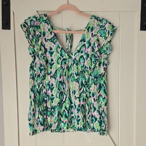 entro Green & Pink Floral Ruffle Sleeve V-Neck Top